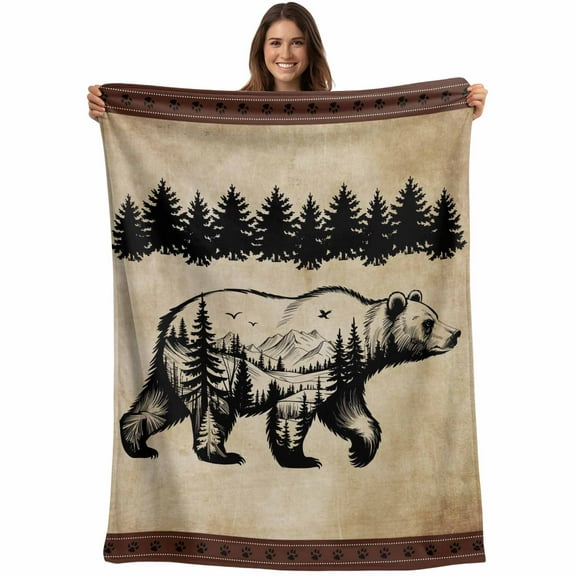 Flannel Fleece Throw Blanket Bear Forest Mountains Animal Silhouette Lightweight Soft Plush Blankets,Vintage Brown Gradient Cozy Warm Throw Blanket for Couch Sofa Bed Car Office 40x50in