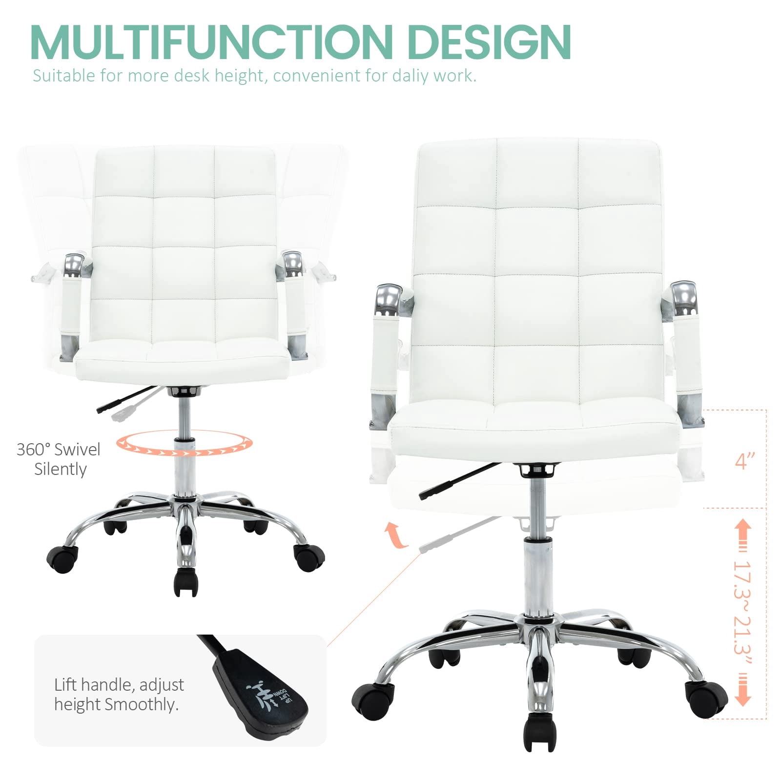 PU Leather Office Chair with Arms, Adjustable Height, Swivel Rolling Desk Chair, Mid-Back Upholstered Modern Chair for Home, Study, or Vanity, White