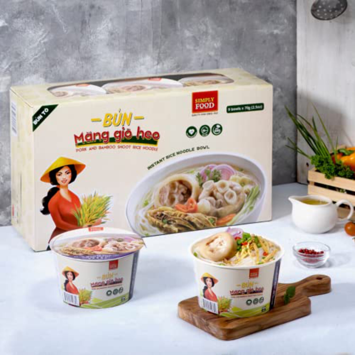 Instant Pork and Bamboo Rice Noodle (9 Bowls/Box): $1.99 per Bowl (70g), Fork Inside by Simply Food