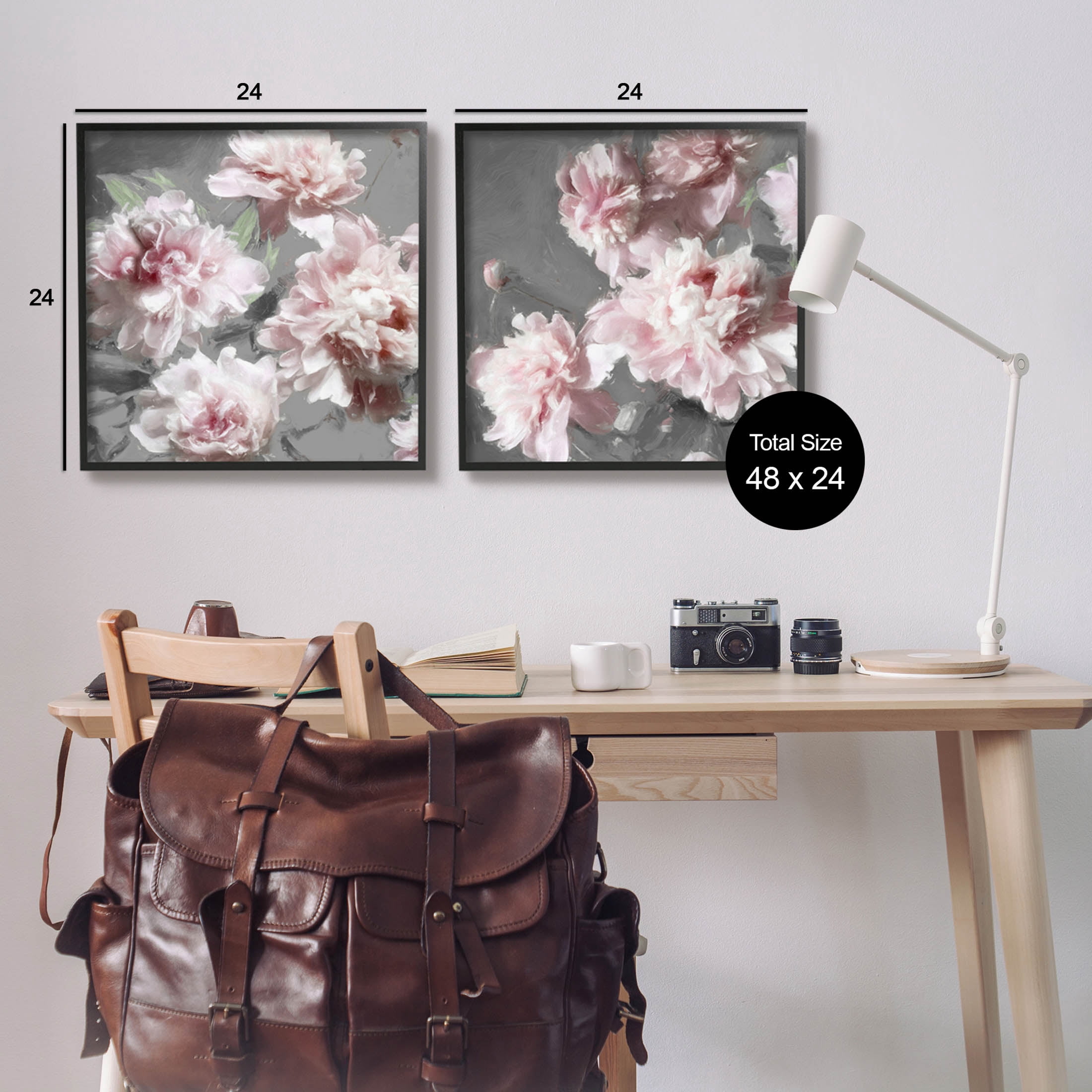 Blooming Peony Petals Pink Nature Botanical & Floral Graphic Art Black Framed Art Print Wall Art, Set of 2