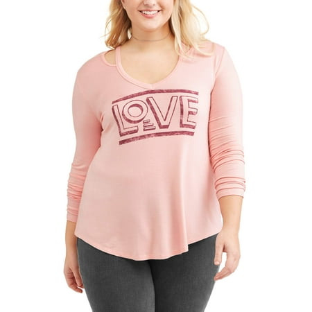 Junior Plus Graphic V-Neck Tee With Cutout Shoulder Detail
