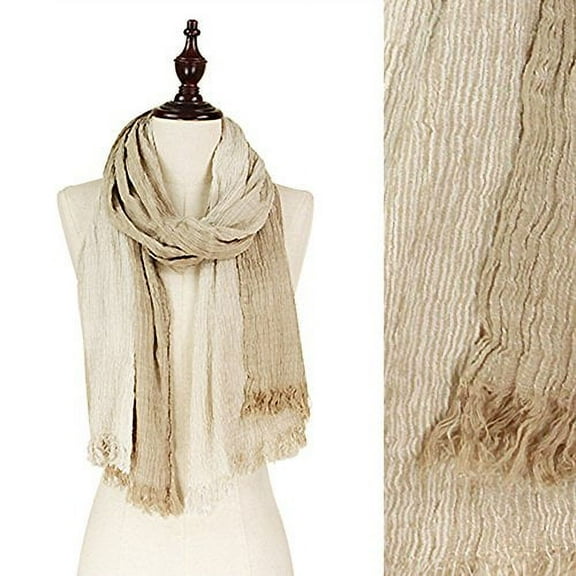 StylesILove Crinkled Ombre Stripe Women's Shawl Scarf with Fringe - Beige