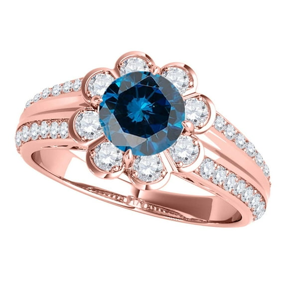 Mauli Jewels Engagement Rings for Women 1.35 Carat Halo Blue Diamond Engagement Ring 4 prong 14k Solid Rose Gold