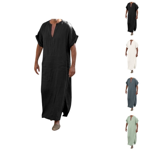 Thobe for Men Short Sleeve Cotton Linen V Neck Mens Kaftan Thobe with Pockets Kaftan Dresses Dubai Clothes