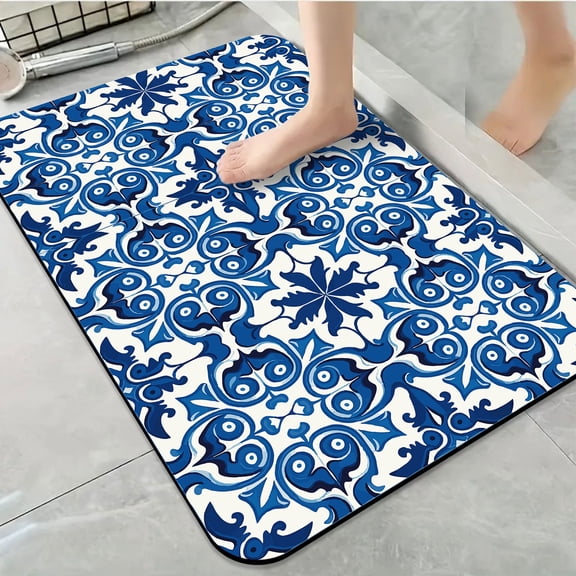 1pc Blue and White Ornate Tile Bathroom Rug Bathroom Decor and Accessories- Durable,Anti Slip,And Quick Drying,Suitable For Indoor/outdoor Use - Perfect For Bathrooms,Bedrooms,Kitchens,Terraces