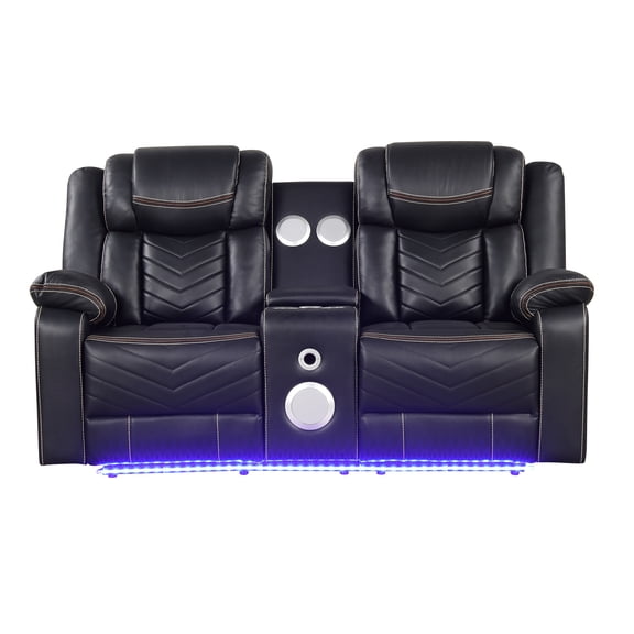 Modern Black Faux Leather Power Recliner Loveseat with Bluetooth Speakers, USB Charging, LED Lights, and Storage Console
