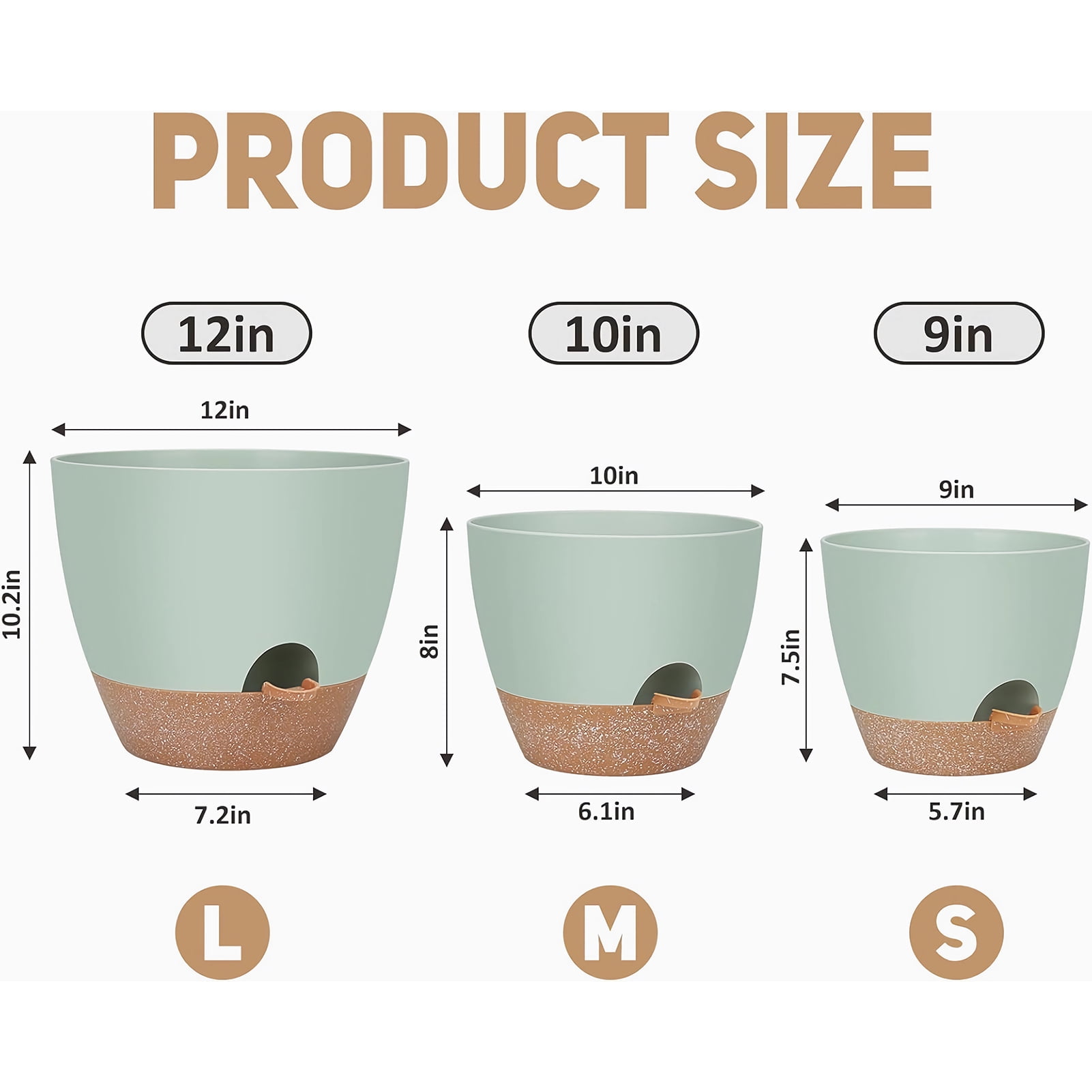 West Bay 12" 10" 9" Large Self Watering Plant Pots, 3 Pack Flower Pots Planters with Multi Mesh Drainage Holes for Indoor Outdoor Garden Plants and Flowers (Green)