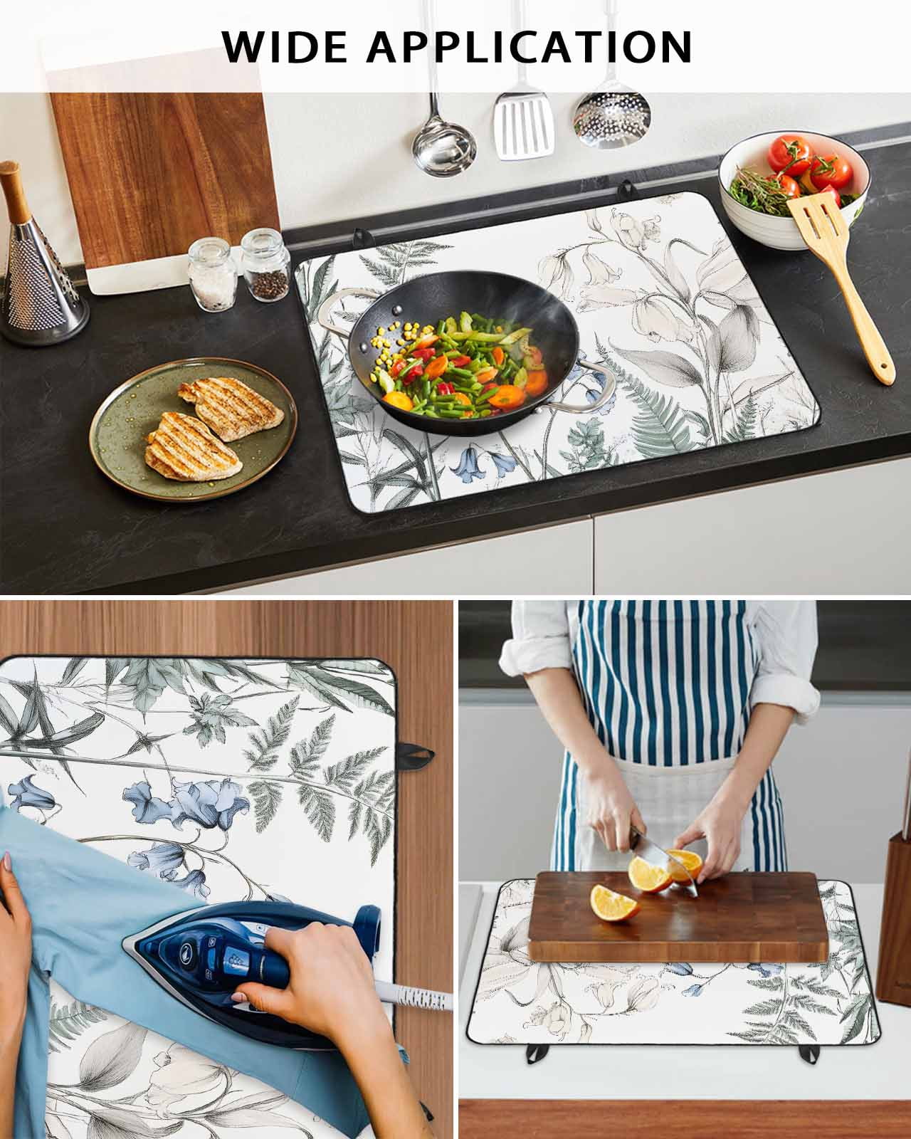 nqOlkjepod Large Induction Cooktop Protector Mat 36"x21", Blue Beige Floral Stove Top Covers for Electric Stove, Farmhouse Botanical Decorative Stove Burner Cover Mats, Glass Top Stove Cover