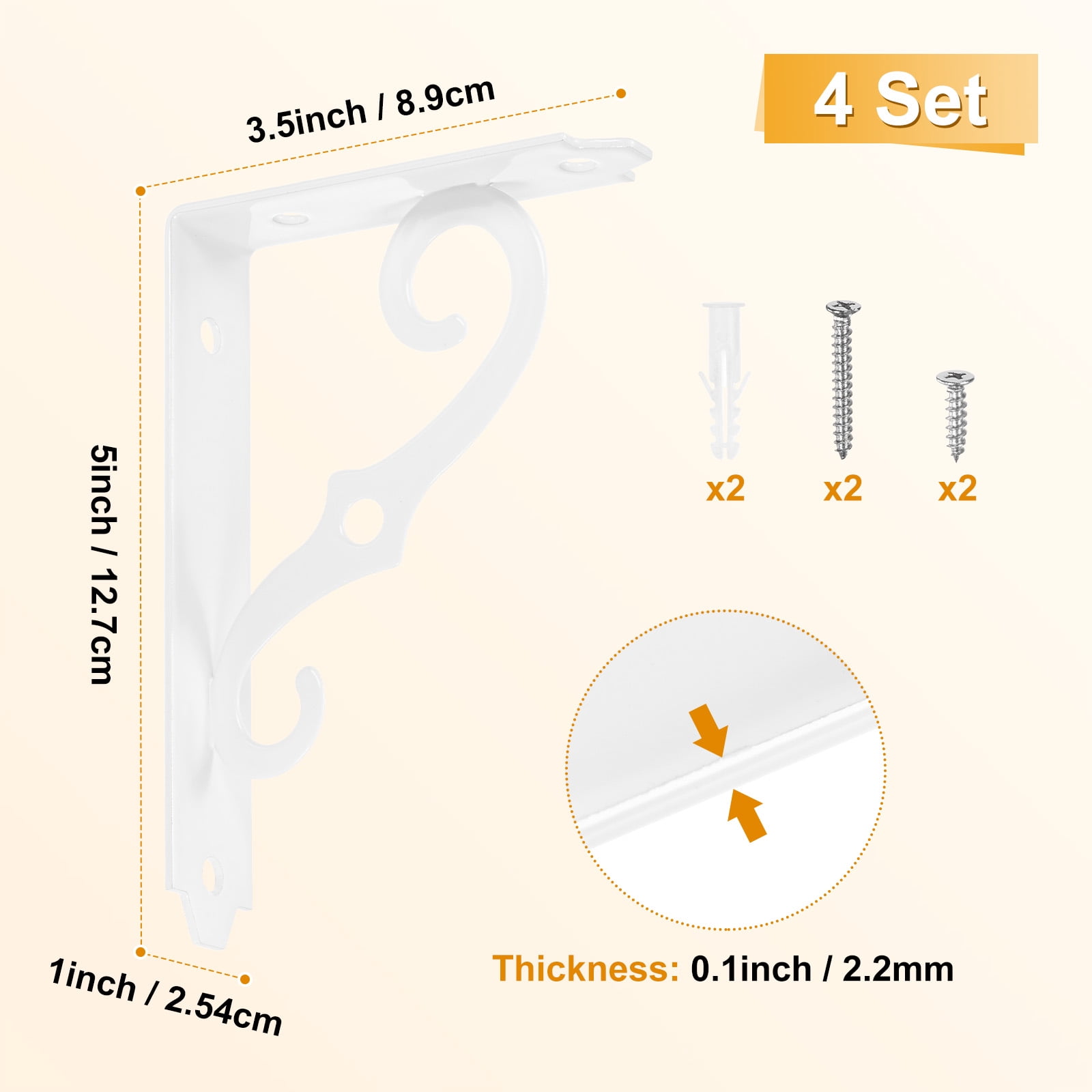 4-Pack Shelf Brackets, 5 Inch Long Iron Wall Mount Shelf Support Bracket for Home/Kitchen/DIY Decorative [White]
