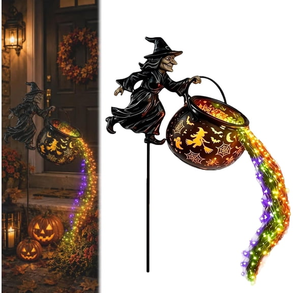 Halloween Witch Cauldron Garden Light, Waterfall-Style Enchanted Cauldron Decoration with Multicolor LED Projection, Outdoor Yard Stake for Lawn Porch Patio Walkway, Spooky Party Decor (1PC)