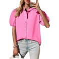 thumbnail image 4 of Womens Puff Sleeve Button Down Shirts Cotton Pleated Loose Fit Tops Summer Dressy Casual Blouses, 4 of 8