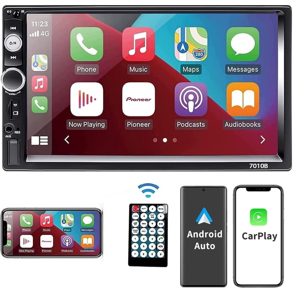 Double Din Car Stereo, 7 Inch Stereo Audio Bluetooth MP5 Player USB FM Multimedia Radio,Touchscreen,Compatible with Carplay and Android Auto, Screen for All Vehicles, Black