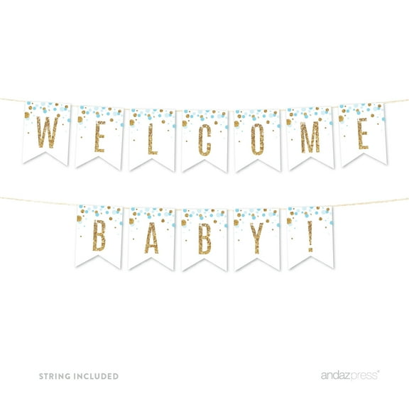 Baby Blue Gold Glitter Baby Shower Party Pennant Banner