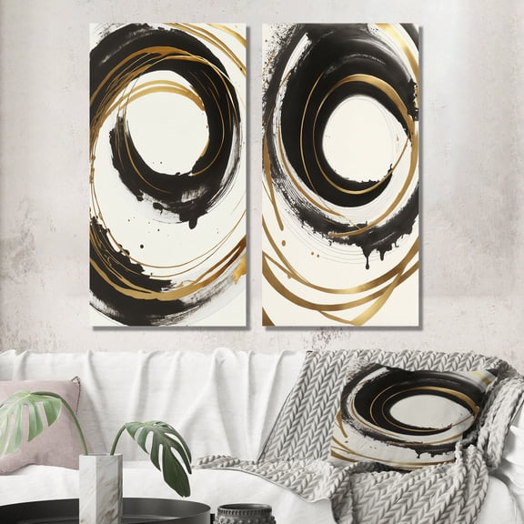 Designart "Curvaceous Black and Gold Design I" Abstract Spirals Wall Art Set Of 2 - Black Abstract Canvas Set For Living Room Decor