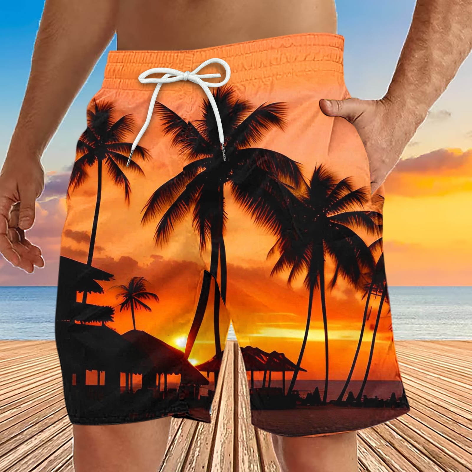 Meichang Men's Swim Trunks Tropical Print Summer Beach Board