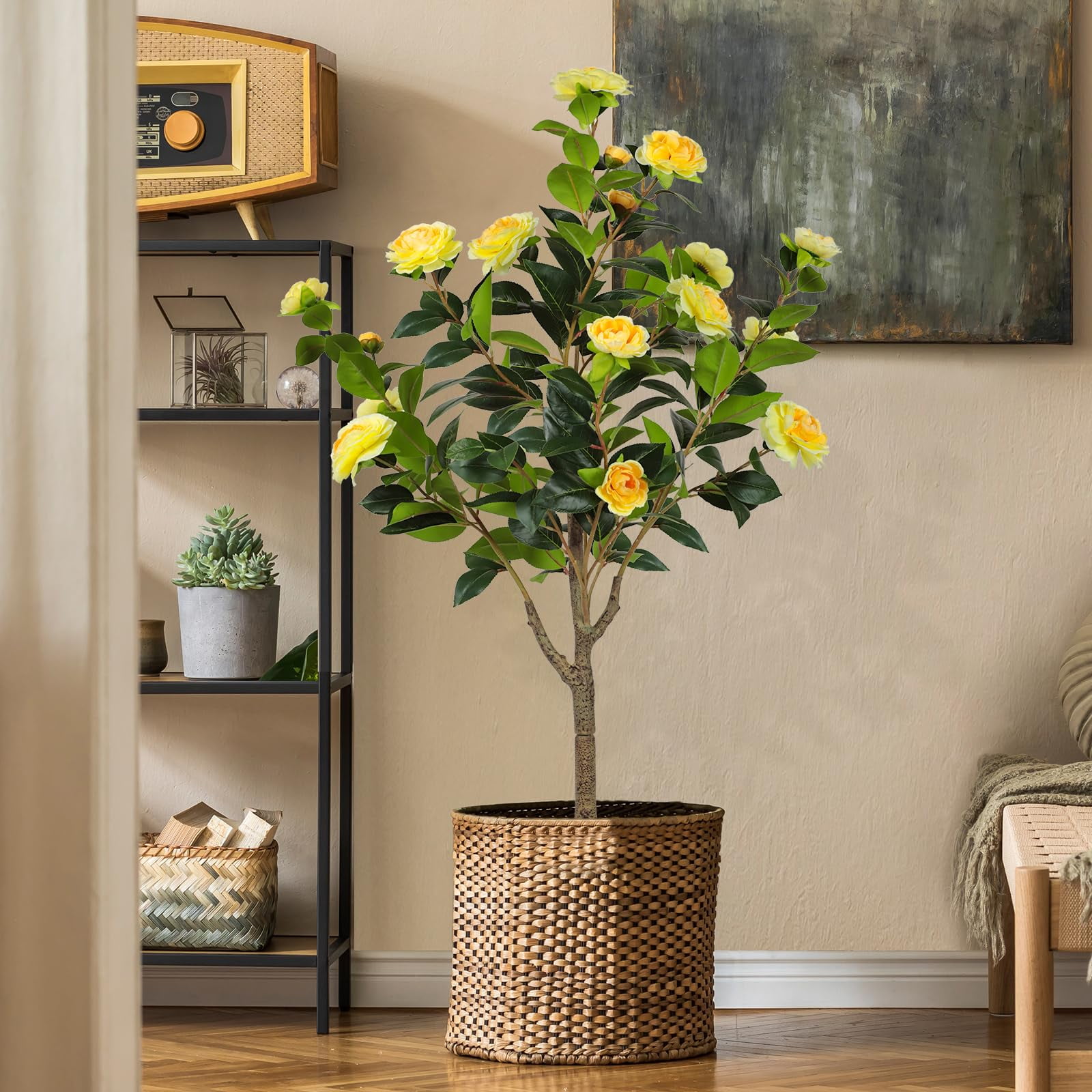 2 Pack 4FT Artificial Camellia Flowers Tree, Yellow Fake Camellia Plant Potted with Faux Greenery Leaves, Realistic Blooming Faux Floral Tree for Indoor Outdoor Home Decor, Yard Patio Office Porch