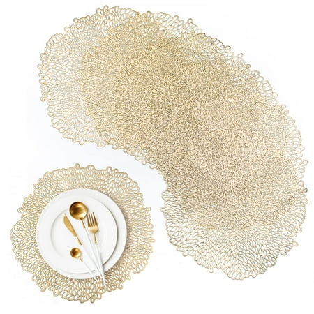 

Gold Round Table Mat PVC Placemats set Heat Resistant Washable of 6pcs for Home Kitchen Decoration 38x38cm