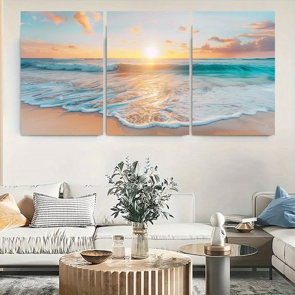 [2D Flat] Set of 3 Frameless Canvas Wall Art Depicting Beach Sunset, Tranquil Seascape Prints for Indoor/Outdoor Decor, Canvas Artwork of Waves And Sky, Perfect for Home, Office Or Bedroom - Unframe