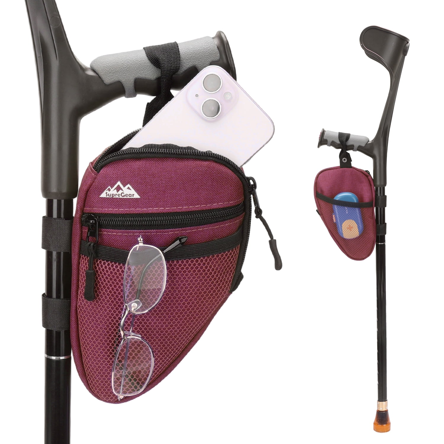 SupreGear Forearm Crutch Bag, Lightweight Elbow Pouch with Cup Holder, Dark Red, 1 Pack