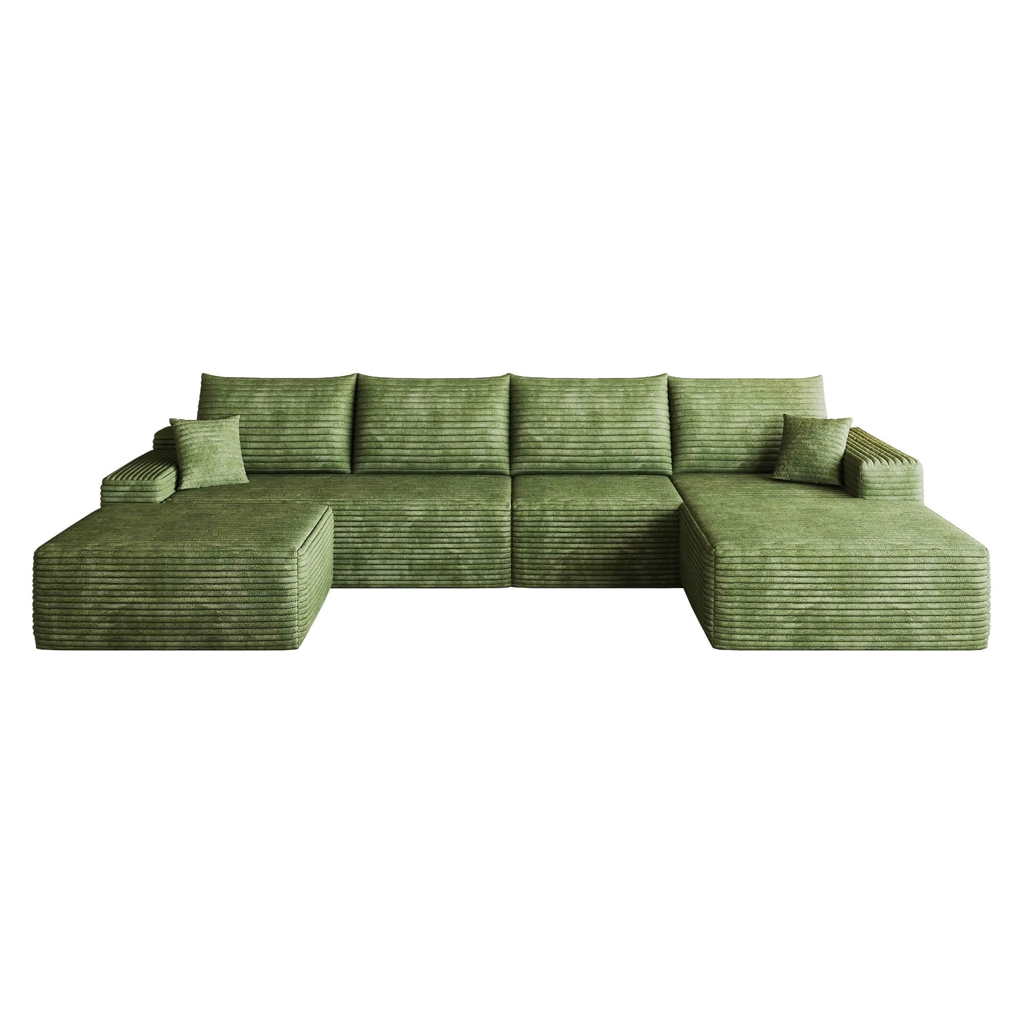 MAYEERTY 135-Inch Green Plush Corduroy 5-Seat U-Shaped Cloud Modular Sectional Sofa, Deep Seat Corner Couch with Ottoman No Assembly Required
