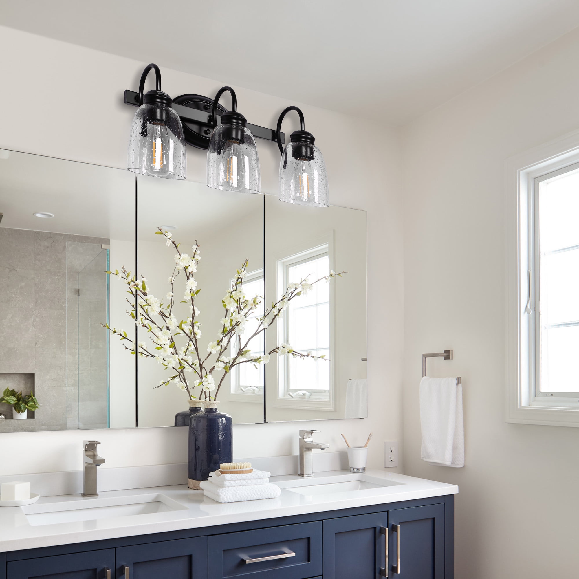 Briignite 3 Light Bathroom Vanity Light Fixtures, Modern Black Vanity Lights Over Mirror, Vintage Wall Sconce with Seeded Glass Shade, Black Vanity Lights for Bathroom