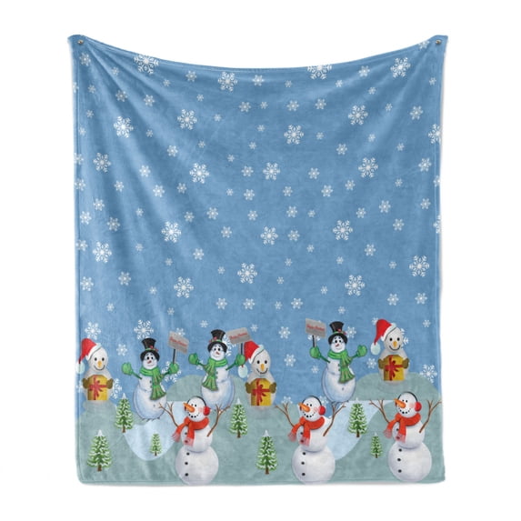 Christmas Soft Flannel Fleece Blanket, Snowman Party Themed Cartoon Composition Winter Season Elements Trees Snowflakes, Cozy Plush for Indoor and Outdoor Use, 70" x 90", Multicolor, by Ambesonne
