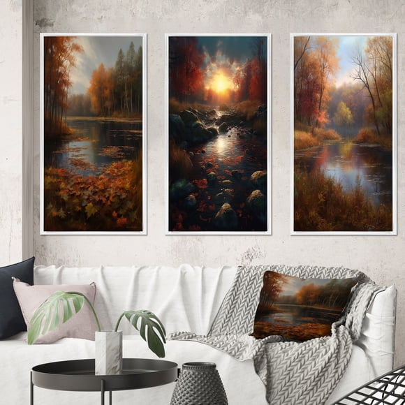 Designart "Misty Autumn Lake Watercolor Ambiance I" Lakehouse Framed Wall Art Set Of 3 - Green Lake House Frame Gallery Wall Set For Home Decor