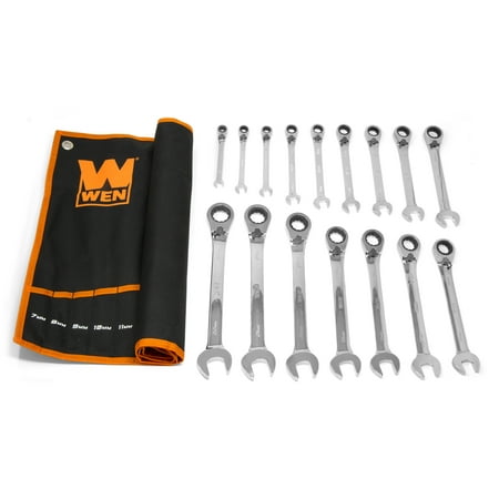 WEN 16-Piece Professional-Grade Reversible Ratcheting Metric Combination Wrench Set with Storage Pouch