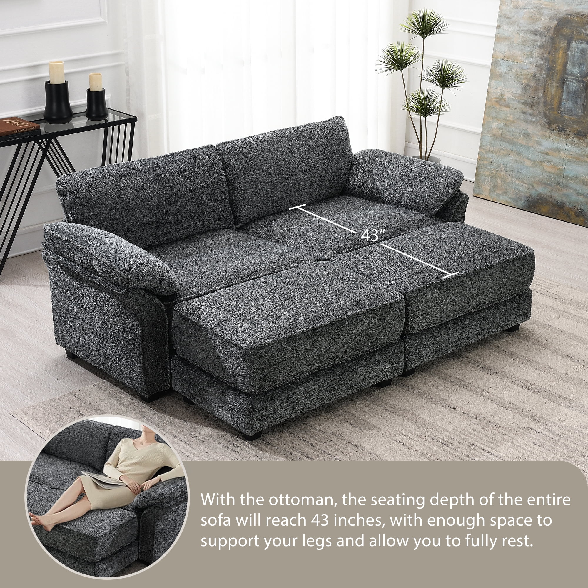 EUROCO 81" Modular Convertible Sectional Sofa Bed Set, Combinational 4 Seat Upholstered Sleeper Corner Couch Deep-Seat Loveseat with Removable Armrest Bag and Ottoman for Living Room, Gray