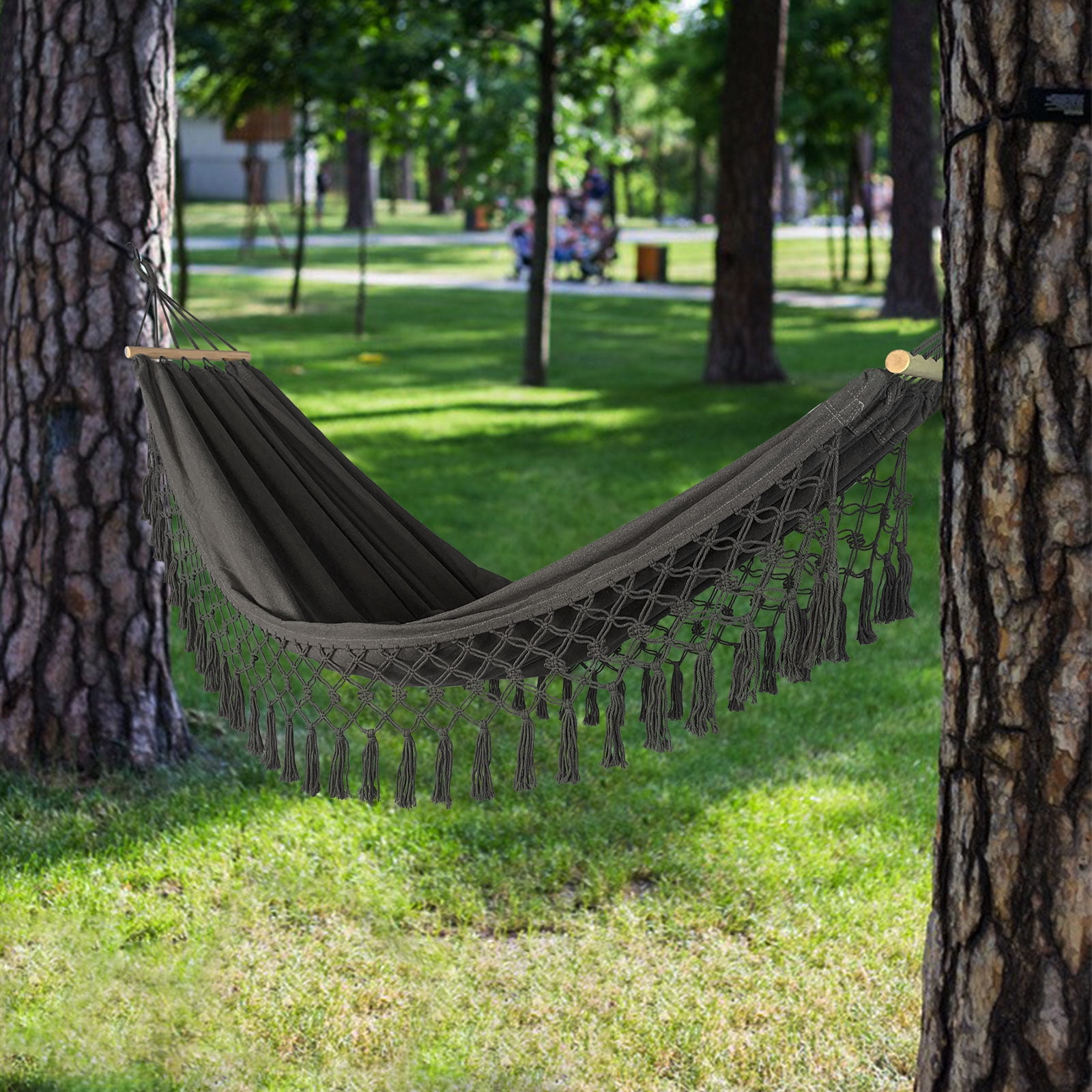Portable Hammock Boho Tassel Nest Hammock Camping Double Hanging Swing Bed Suitable for Yard, Beach, Backyard, Garden (Dark Gray)