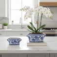 thumbnail image 7 of Blue and White Ceramic Planter Pot Vintage Floral Oval Cachepot Vase Glazed Chinoiserie Porcelain Style Decorative Bowl Vase No Drainage, 7 of 7