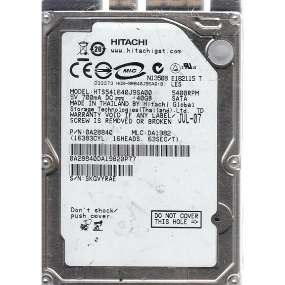 HTS541640J9SA00, PN 0A28840, MLC DA1982, Hitachi 40GB SATA 2.5 Hard Drive