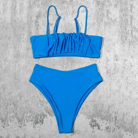 

Finelylove Women Swimsuits Padded Sport Bra Style High Waist Blue L