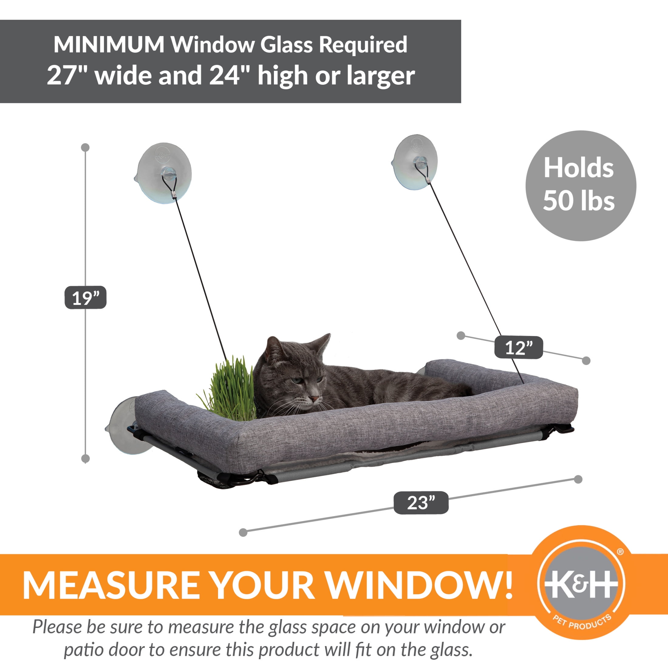 K&H Pet Products EZ Mount Deluxe Bolstered Window Kitty Sill Cat Perch with Cat Grass Grow Station Gray 23 X 12 Inches