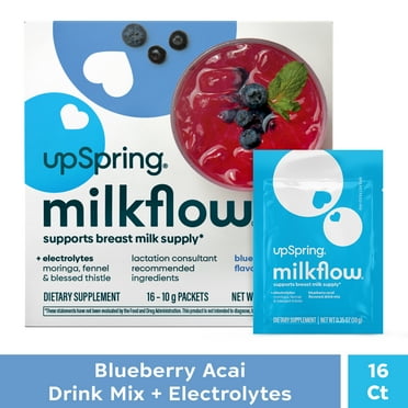 UpSpring Milkflow Moringa, Fennel & Blessed Thistle Breastfeeding Drink Mix with Electrolytes, Blueberry Acai, 16 Count