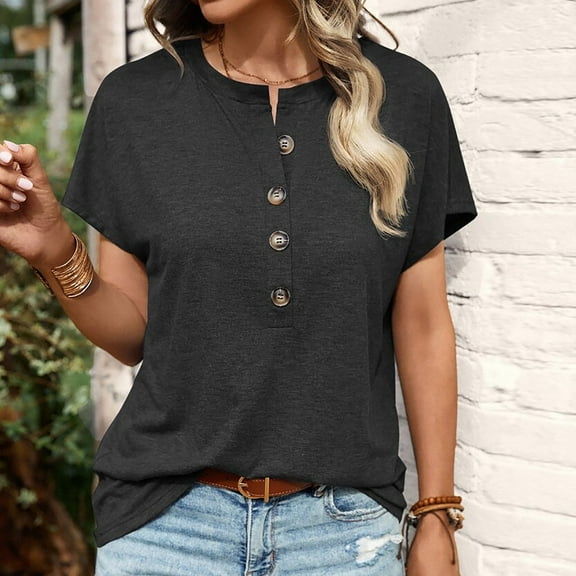 Wycnly Womens Blouses and Tops Dressy Casual Comfy Breathable Button up Henley Shirts Summer Plain V-Neck Short Sleeve Cute Tees Tops Black m