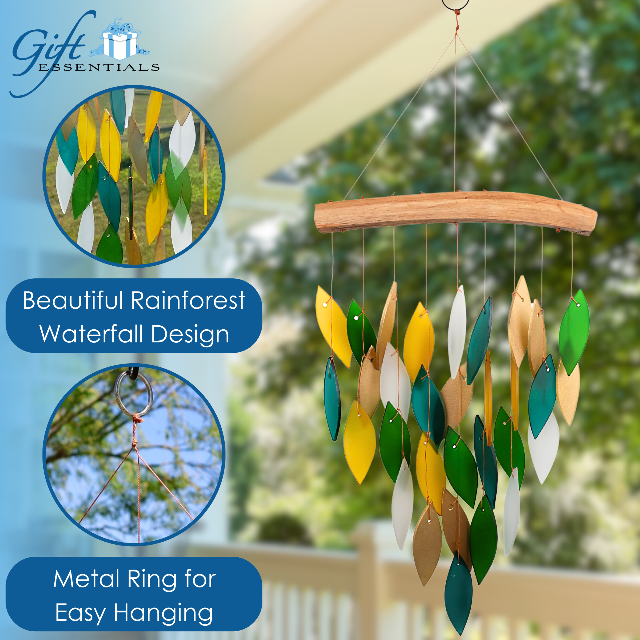 Blue Handworks Glass Wind Chime Rainforest Waterfall Hanging Wind Chimes Garden Decor