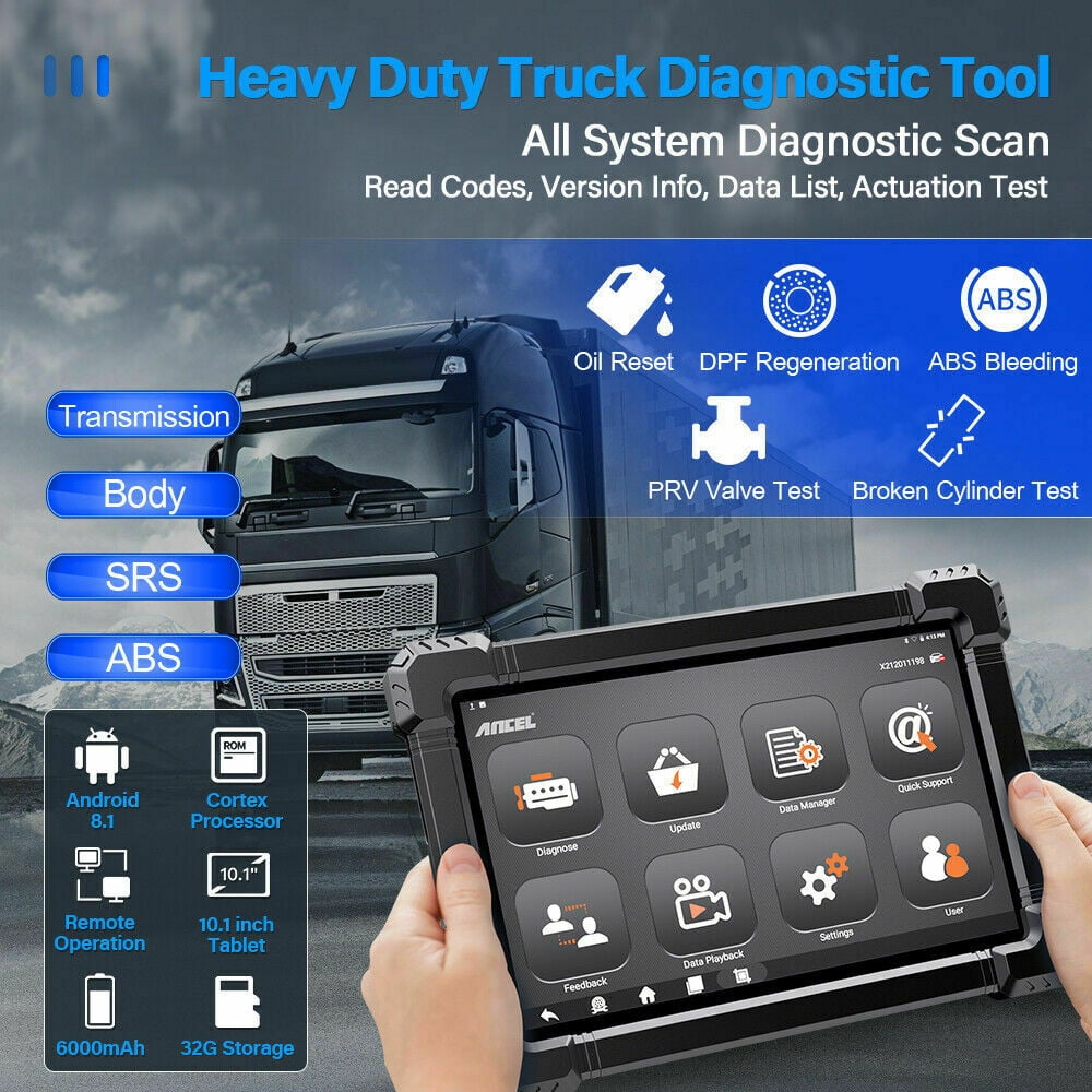 ANCEL X7 HD Heavy Duty Truck Scanner Tablet Diesel Truck Diagnostic Tool ECU Reset Full System Bidirectional Control Free 15 Reset Services,24V Truck 12V Car 2in1 Code Reader, Gift:Car Battery Tester
