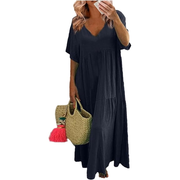 Women's Casual Summer Long Maxi Dress Trendy Short Sleeve V Neck Loose Plain Swing Dresses Flowy Beach Vacation Dresses Midi Sundress