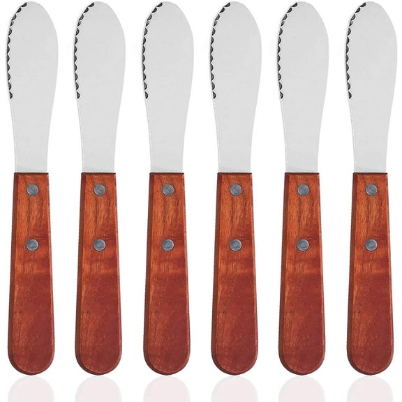 ABPETE 8 Inch, 6 Pack Stainless Steel Straight Edge Wide Butter Spreader with Wood Handle, 8 Inch Sandwich Cream Cheese Condiment Knives