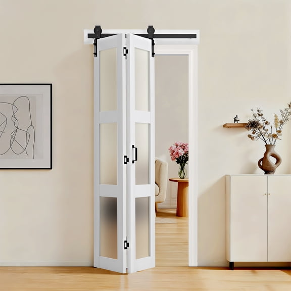 VEVOR Bifold Barn Door, 36" x 84", Frosted Glass Barn Door with Header Board and Hardware Kit Included, Space-Saving Design, Pre-Assembled Panels, Waterproof & Quiet, White