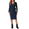 thumbnail image 1 of Vestido midi casual de manga larga con cuello en V y lazo en la cintura para mujer INSPIRE CHIC, talla XL, azul oscuro, 1 of 1