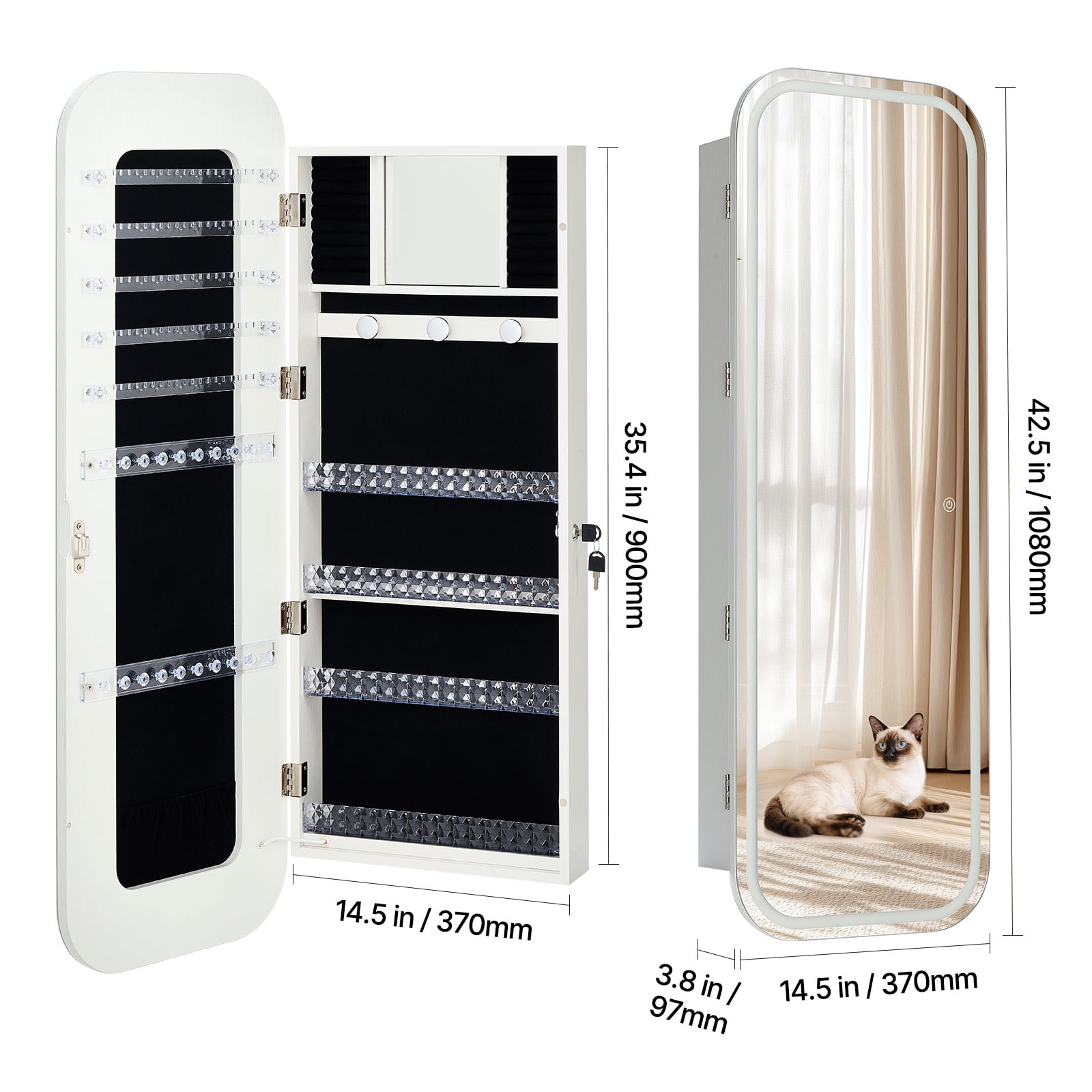 KFFKFF LED Mirror Jewelry Cabinet, 42.5-inch Tall, Full-Length Mirror with Storage, Wall-Mount or Over-the-Door Jewelry Organizer with Lights, Rounded Edges, Lockable Door with 2 Keys, White