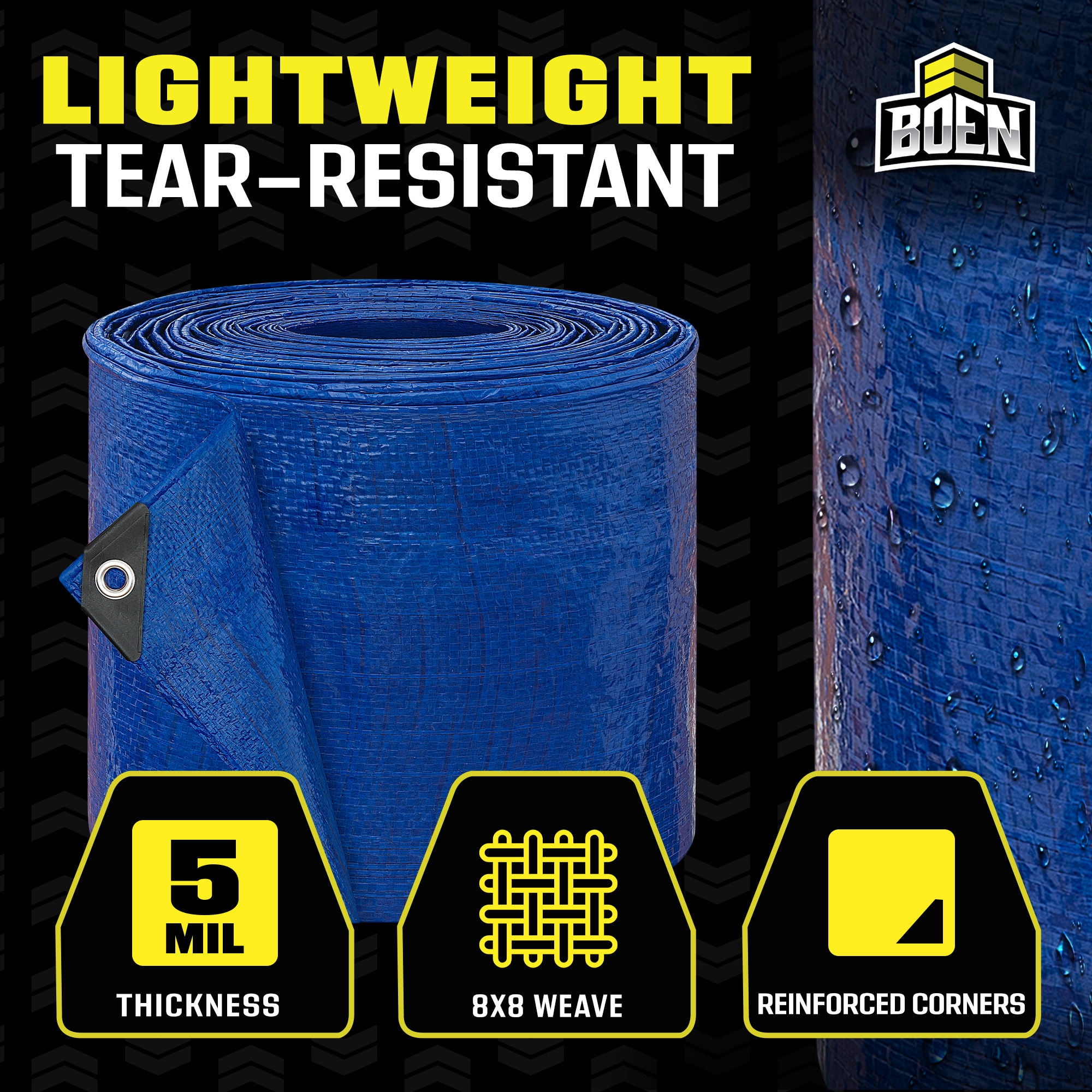 BOEN 30 x 30 ft 5 Mil Blue Waterproof Tarps, 3-Pack Case, Bulk Poly Covers