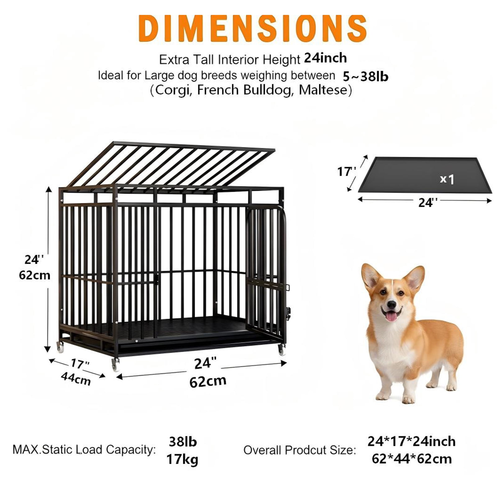 Heavy Duty Dog Crate for Large Dogs, Indestructible Metal Dog Kennel with Open Top & Feeding Door, Thick Tube Cage with Wheels for Pet Comfort, Dog Accessories, Jaula Para Perros