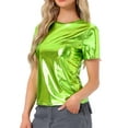 thumbnail image 4 of INSPIRE CHIC Women's Metallic Textured Short Sleeve Shiny Party Tops XS Mustard Green, 4 of 6
