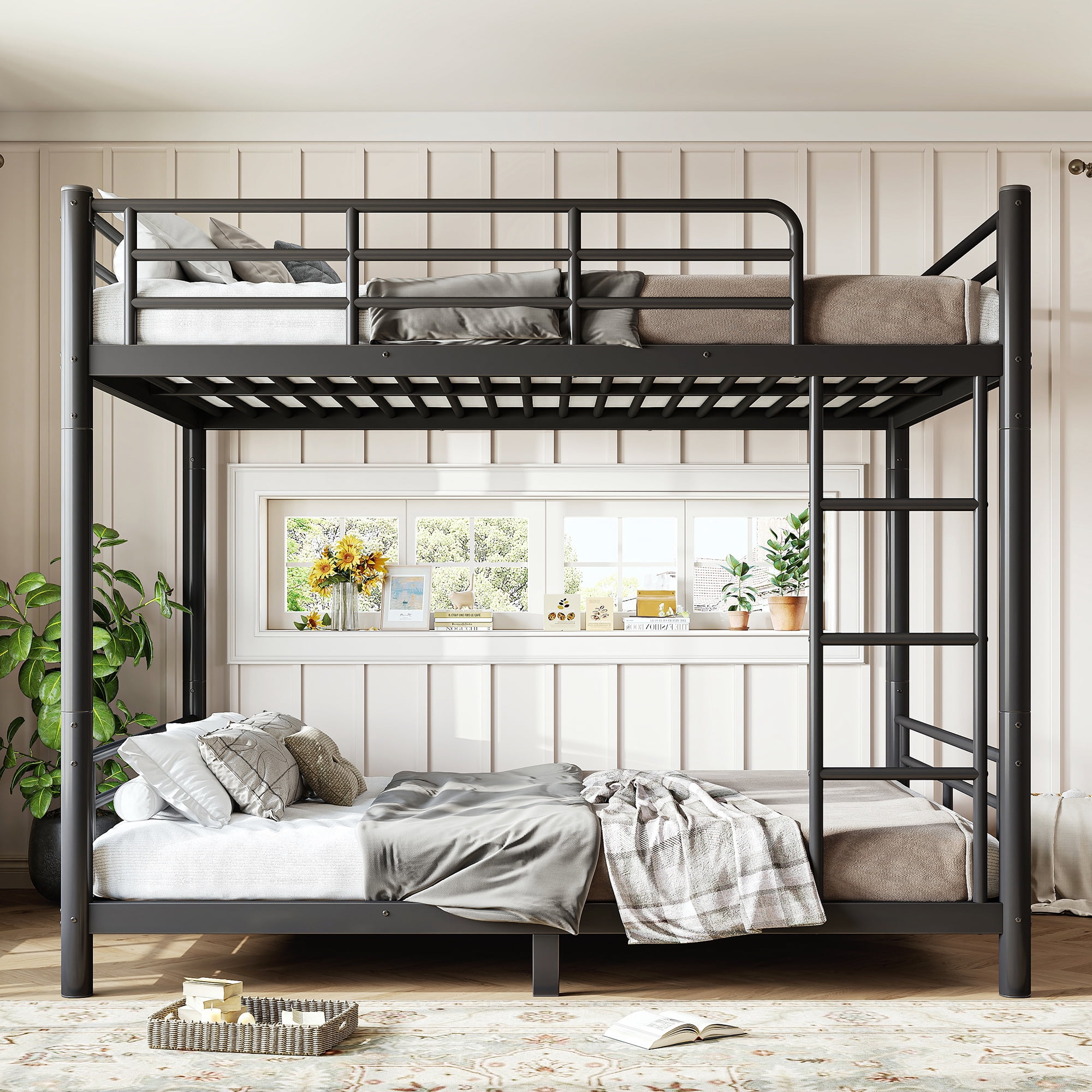 Full Metal Bunk Bed Converts to 2 Beds, Space-Saving Convertible Bed Frame for Teens Adults, No Box Spring, Black