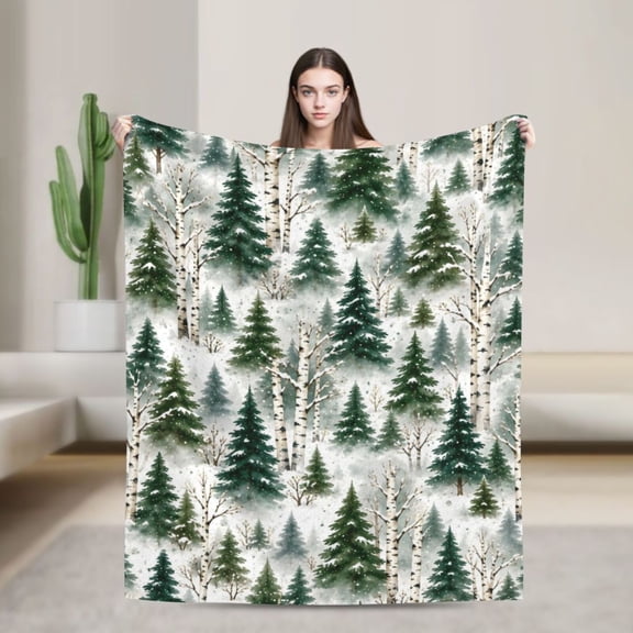 Winter Forest Blanket Snowy Pine Trees Flannel Throw Blanket Rustic Nature Decor 50x40 in