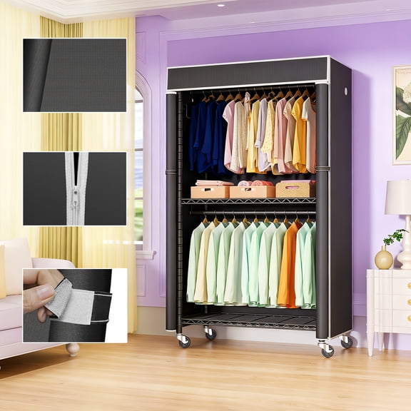 Heavy Duty 4-Tier Rolling Clothing Rack with Fabric Cover - Carbon Steel Garment Organizer with Lockable Wheels & 3 Metal Shelves