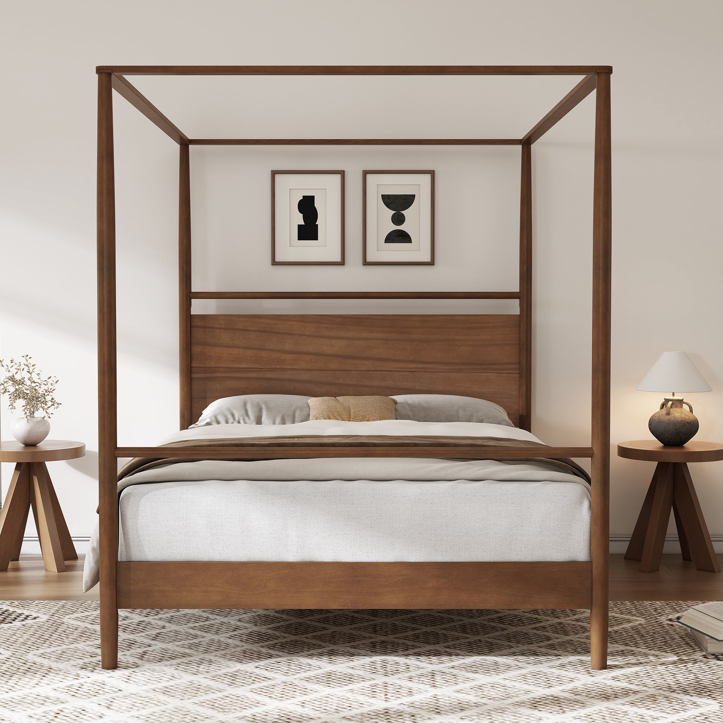 Euroco Wood Full Size Canopy Bed, Platform Bed with Four Posters, Walnut